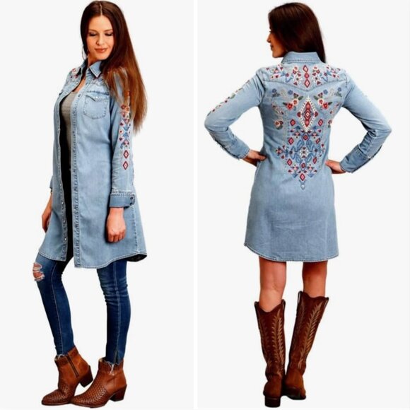 green emerald velvet dress Stetson Embroidered Stretch Denim Shirt Dress